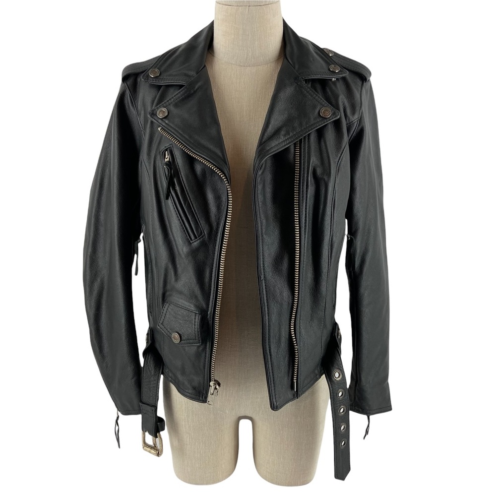 Harley Davidson Black Vintage Leather Motorcycle Belted USA Biker Jacket XS